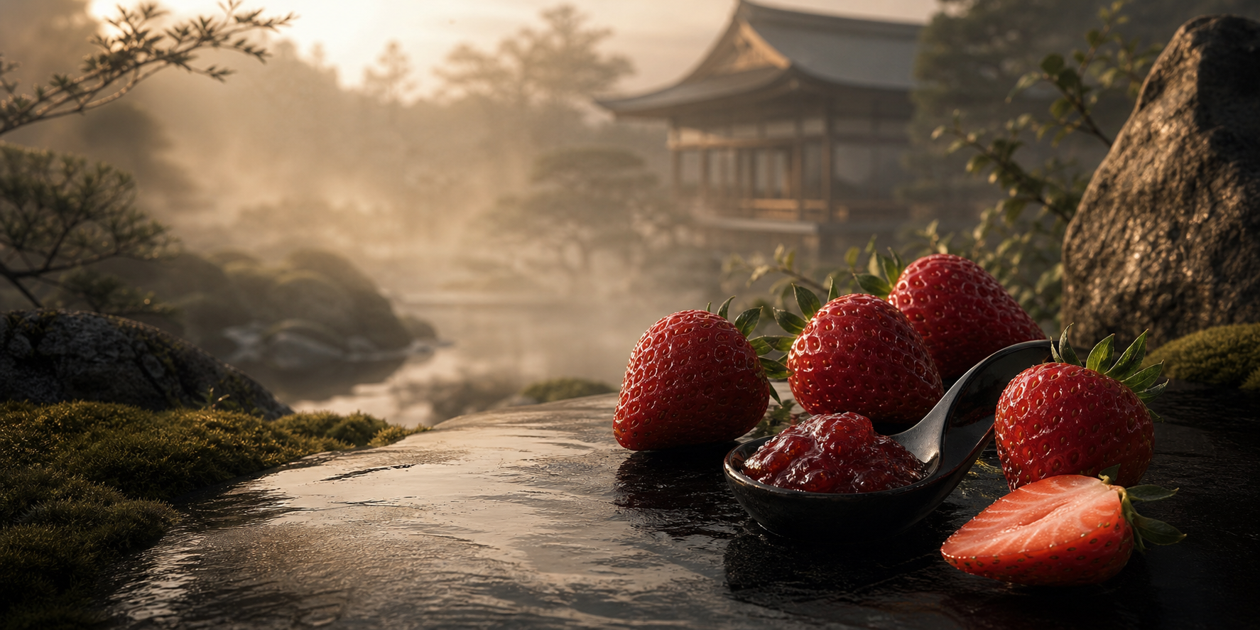 A quiet Nara garden atmosphere with red strawberries